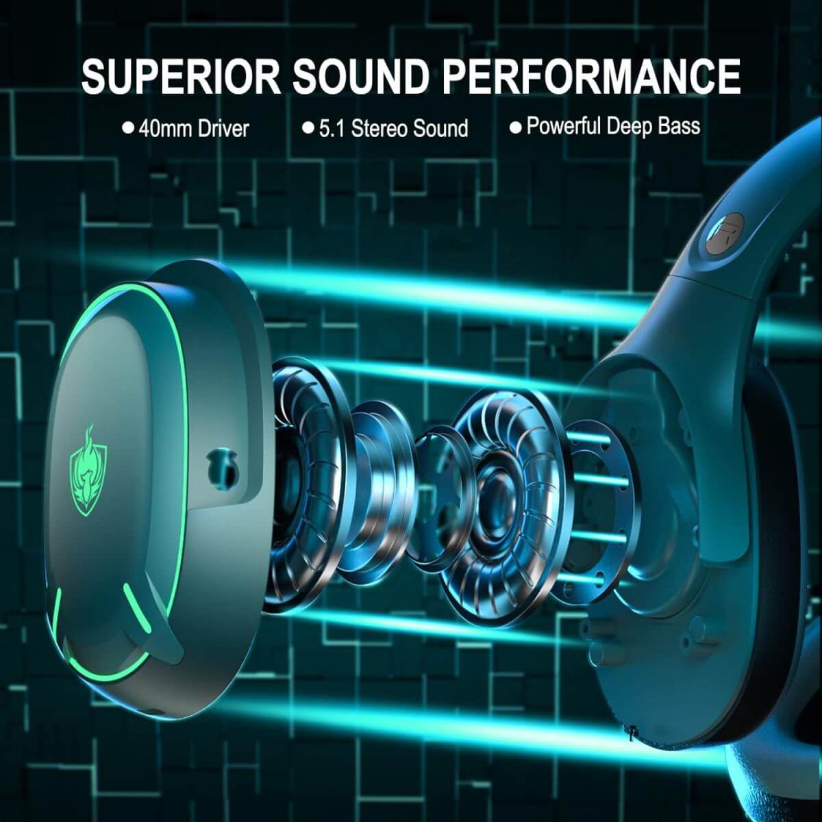 Superior sound performance of PHOINIKAS Q6 Gaming Headphones with 40mm driver, 5.1 stereo sound, and powerful deep bass for an immersive experience.
